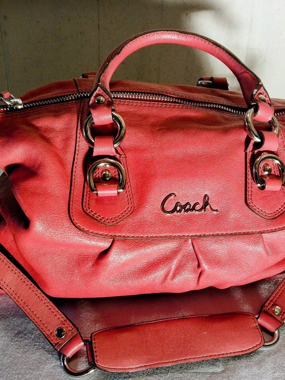 Coach Ashley Coral Pink Leather Satchel Pleated Silver Hardware Hobo Bag F15445 - Picture 2 of 11
